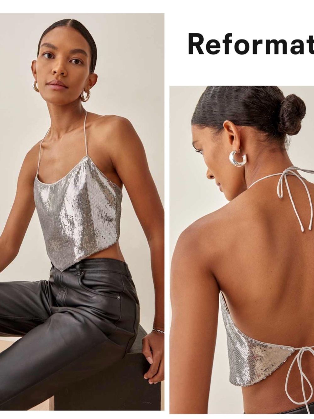 NWT Reformation Gayle Silver Sequin Halter Cowl Tank